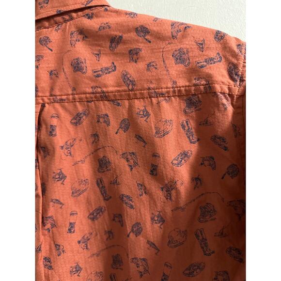 Eddie‎ Bauer Button Shirt Mens MEDIUM Red ORANGE Fish Print Short Sleeve - Picture 6 of 6